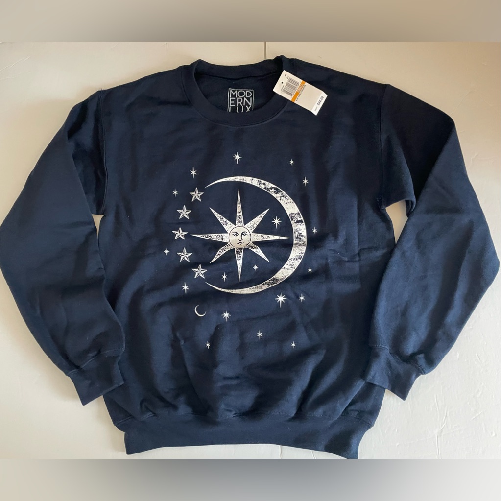 Nwt Modern Lux Women’s Navy Sweatshirt With Sun Moon Stars Graphic Small
